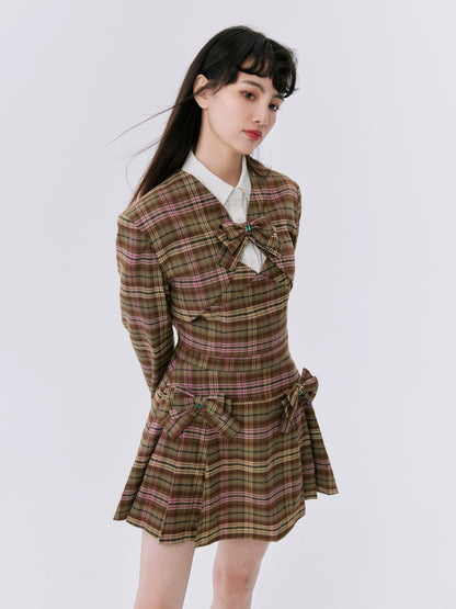 Brown Checkered Suit Short Skirt Three Piece Set