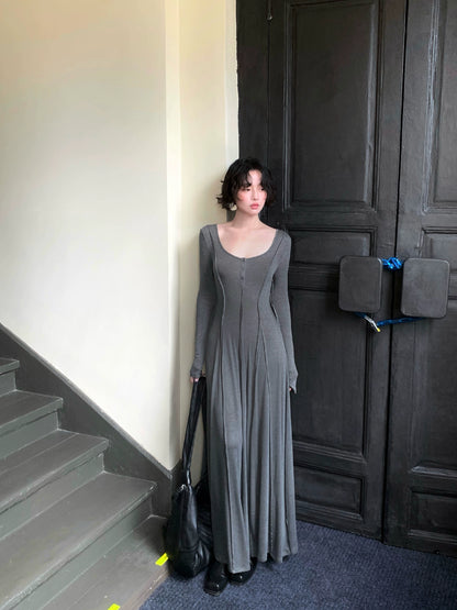 Yunshui Huai Wool-Blend Tencel U-Neck Retro Long Dress – Autumn Elegance