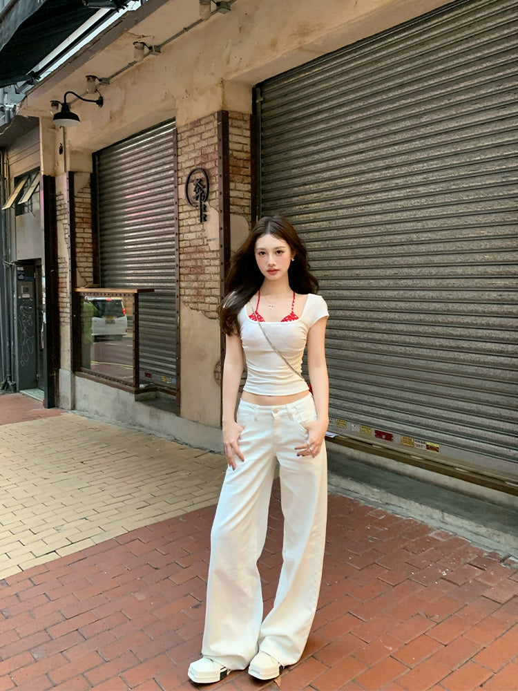 [Korean Vibes] White Straight-Leg Wide-Leg Jeans - Summer Edition