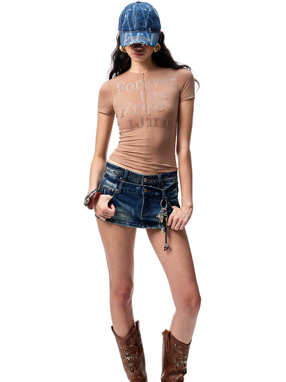 Floral V-Neck Lace Crop Top – Rhinestone Detail Slim Fit T-Shirt