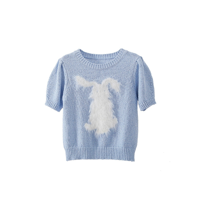 Milk Fierce Little Rabbit, Milk Blue Dropped Ear Rabbit, Imitation Mink Hair Round Neck, Short Sleeve Knitted T-shirt