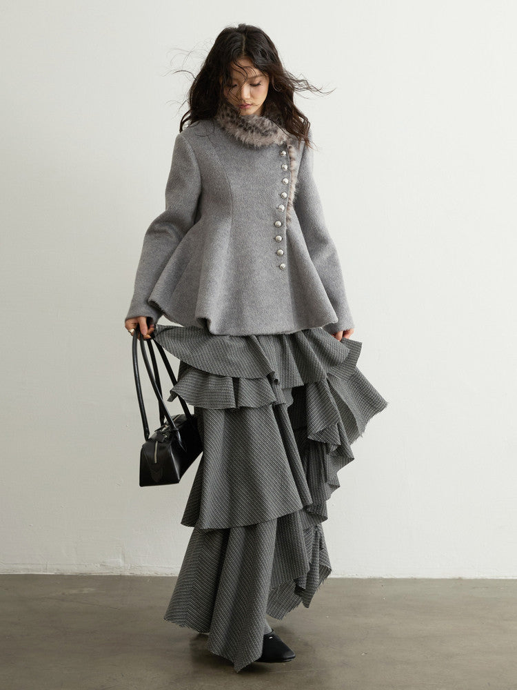 Leopard Fur Collar Wool Jacket | Asymmetrical Gray Winter Coat