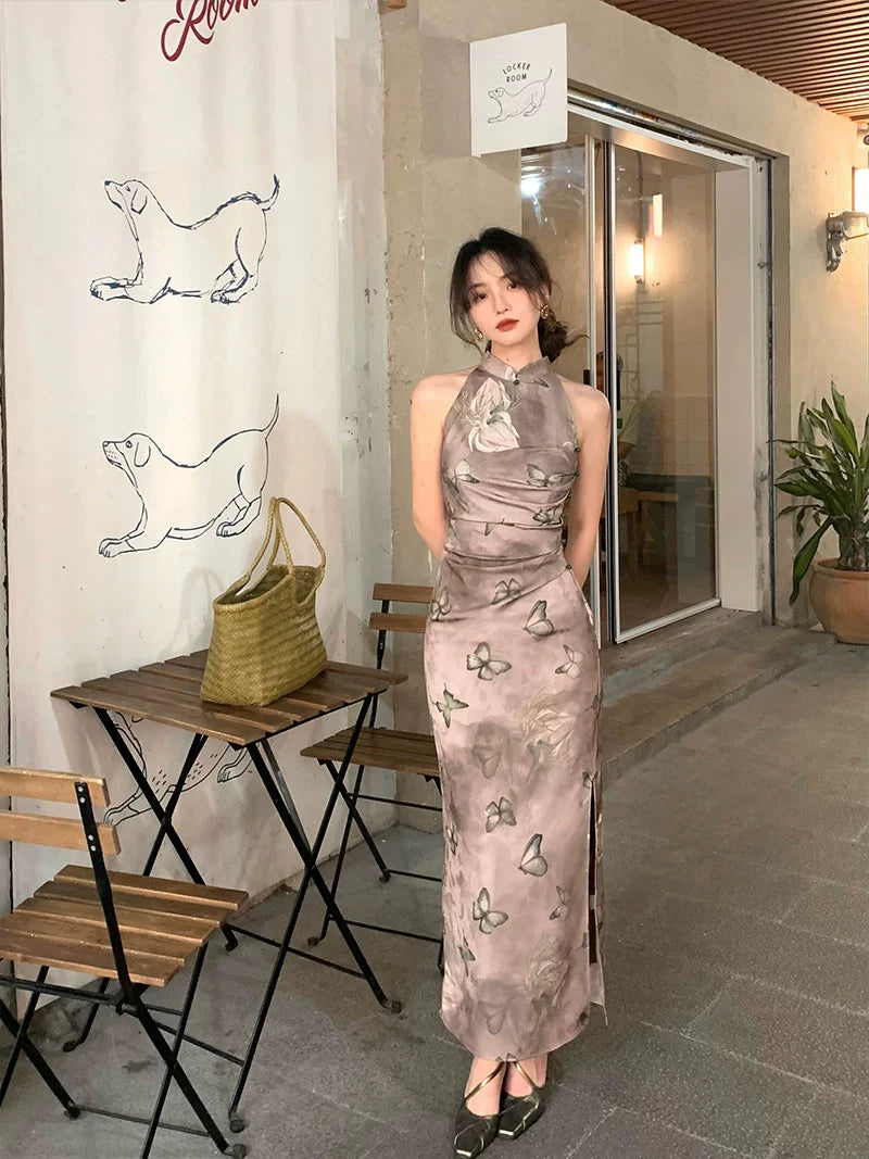Chinese-Style Printed Cheongsam Dress