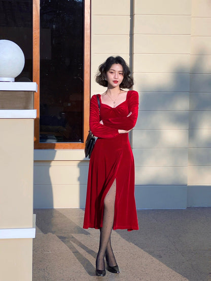 Square-Neck Velvet Long Sleeve Slit Dress – French Retro Winter Style