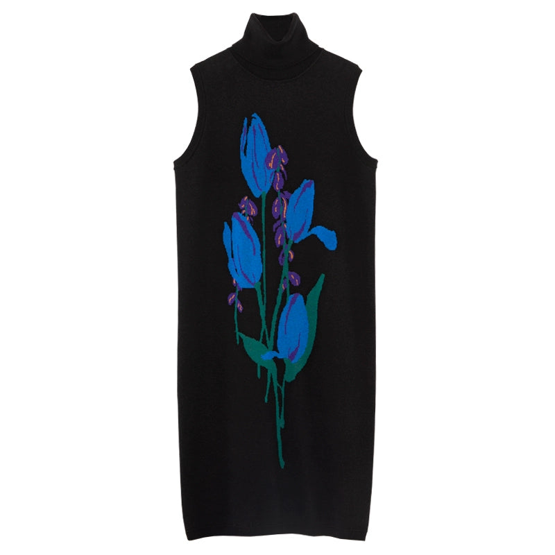 Tulip Jacquard: vestido de punto de punto alto negro de cuello alto