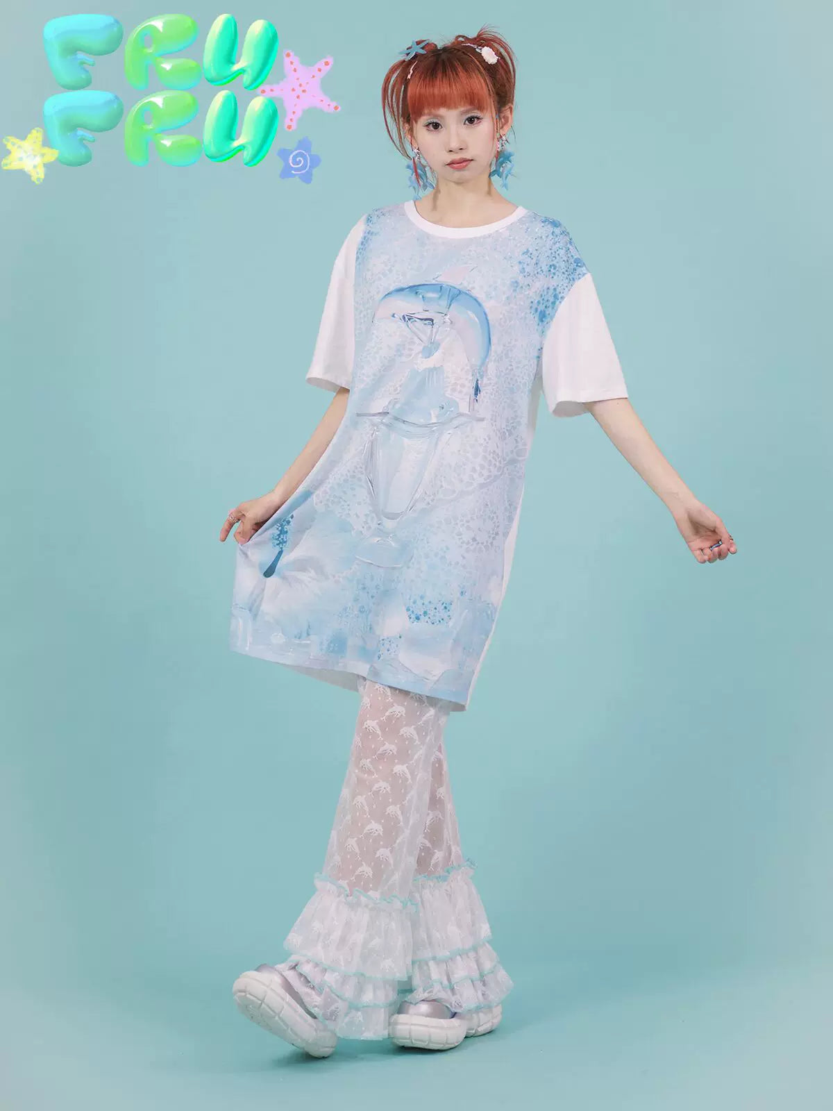Gollum Store Original Design Summer Crew Neck Dolphin Print Niche Mid-Length Pure Cotton Short-Sleeve T-Shirt