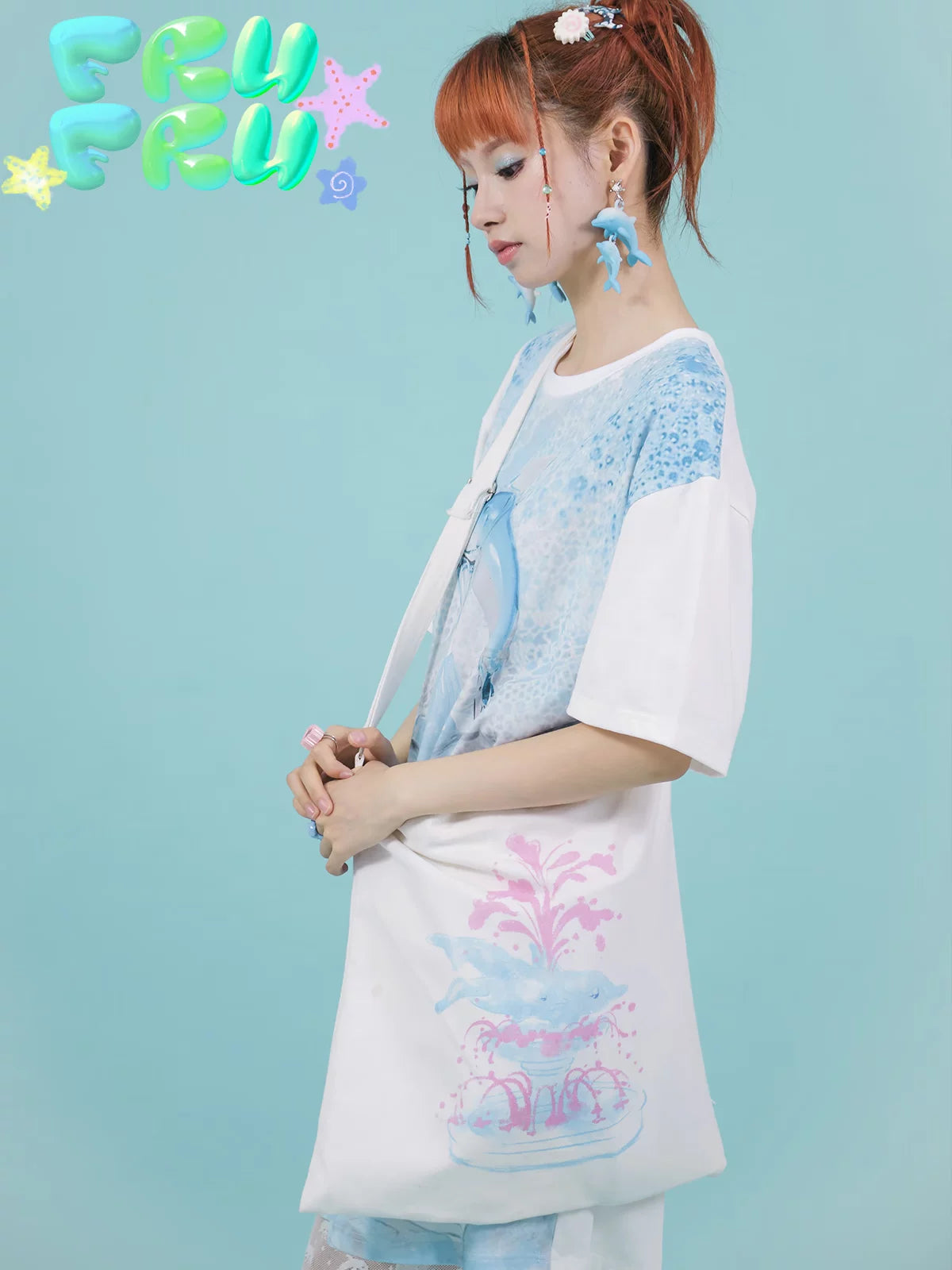 Gollum Store Original Summer Dolphin Fountain White Casual Cute Versatile Crossbody Canvas Bag