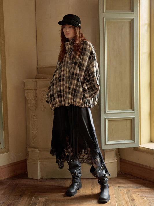 Plaid Pleated Stand-Collar Jacket