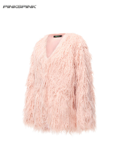 Light Blue Sheepskin V-Neck Oversized Y2K Coat