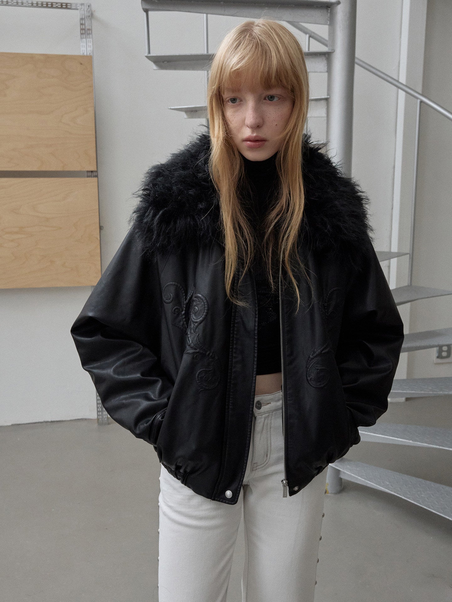 Fur Collar Embroidered Leather Jacket