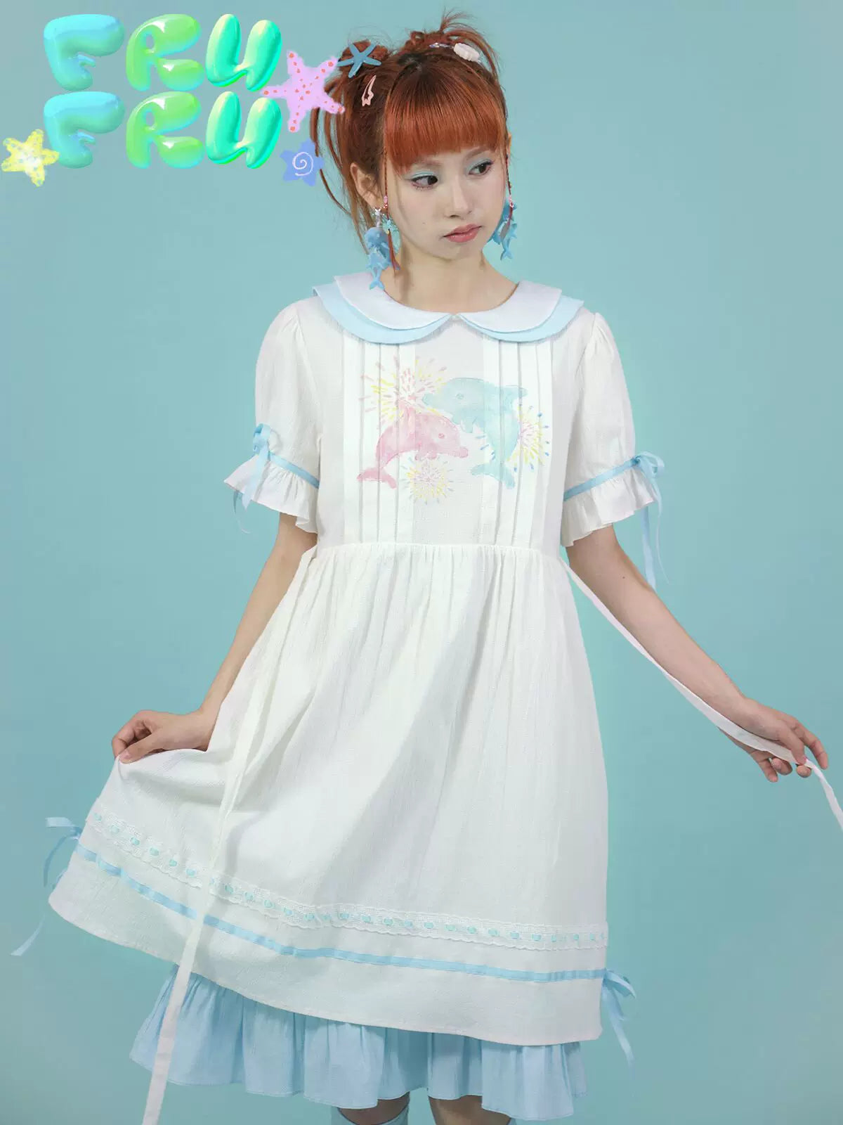 Gollum Store Original Cute Girly Textured White Doll Collar Summer Printed Dress