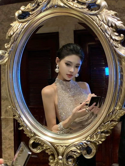 Diamond-Encrusted Fishtail Halterneck Dress – Luxe Temperament for Special Events