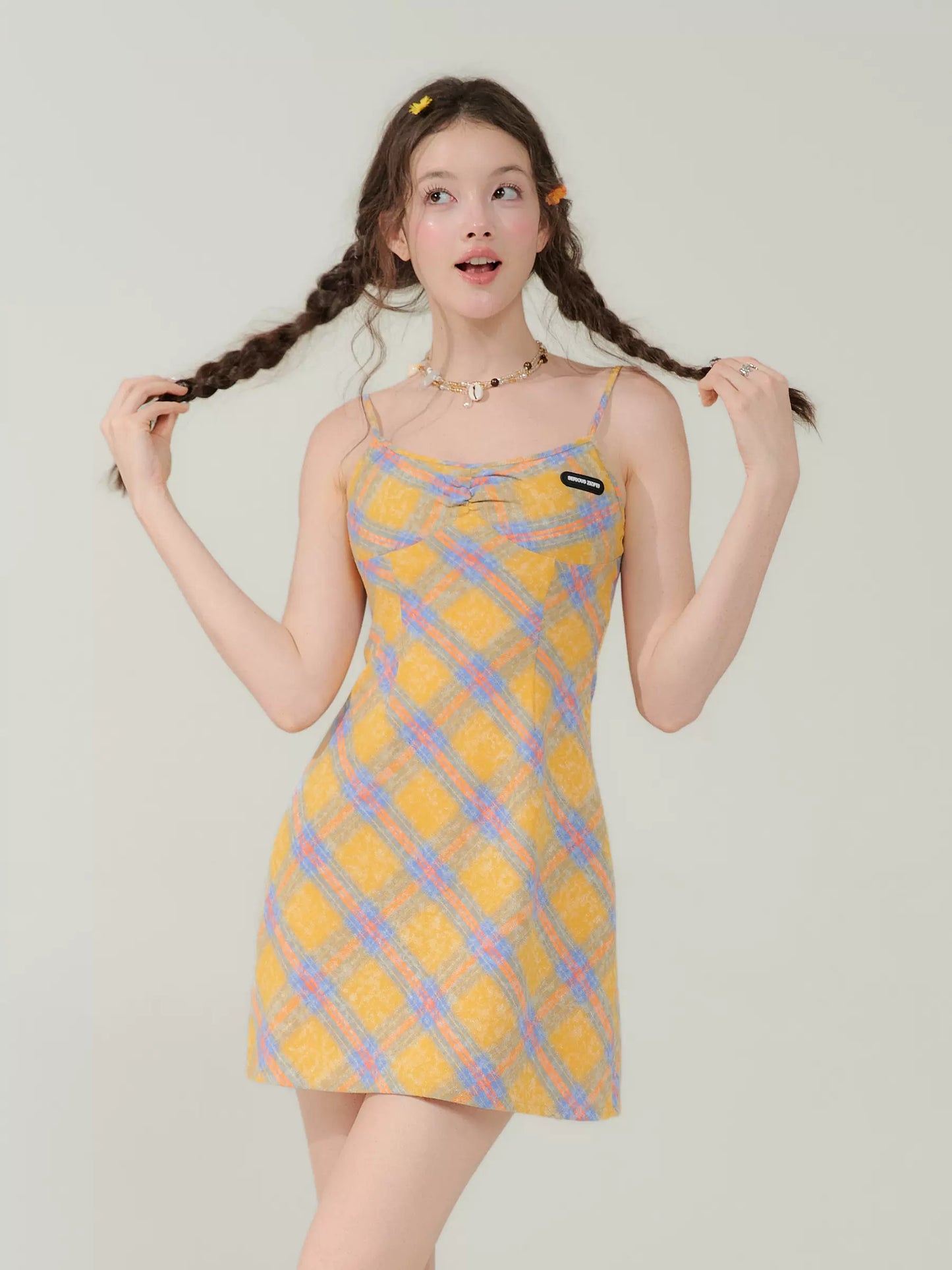 Yellow Checkered Strap Dress | Slim Fit Waist Summer Retro 스타일