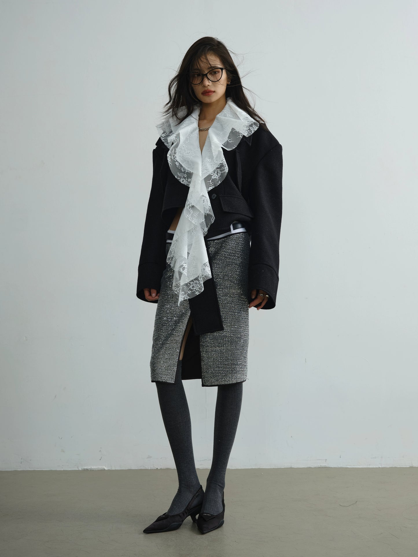 Detachable Lace Ruffle Woolen Short Coat