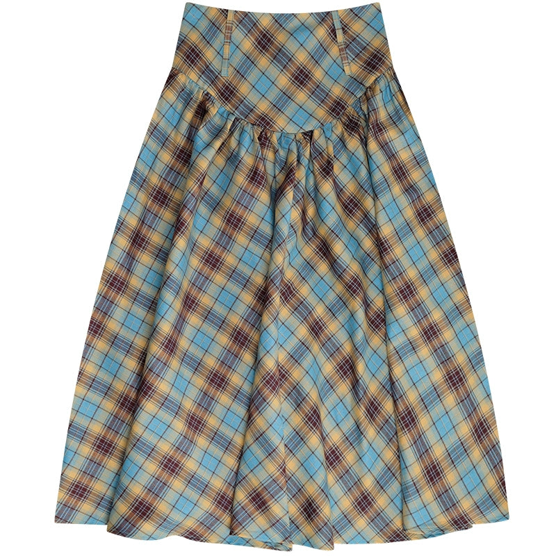 Blue Plaid Pleated Skirt | High Waist Slim Fit Retro Design for Autumn/Winter