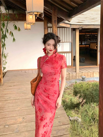 Mesh Floral Slim Cheongsam Dress