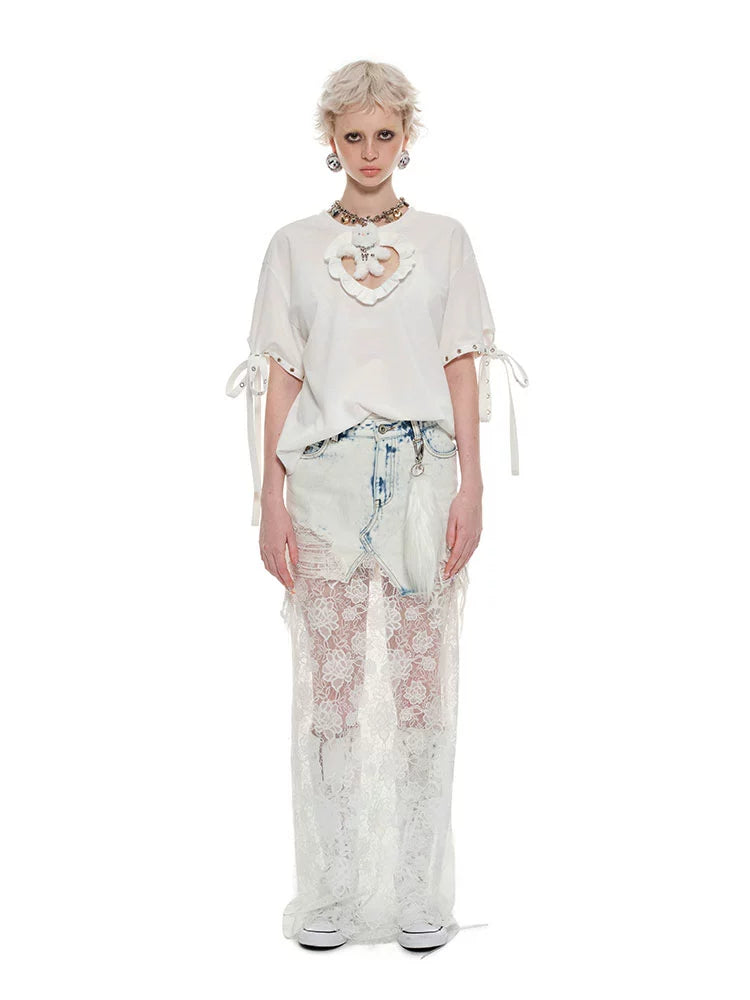 Chest Cutout Heart T-Shirt – Loose Fit with Irregular Hem Design