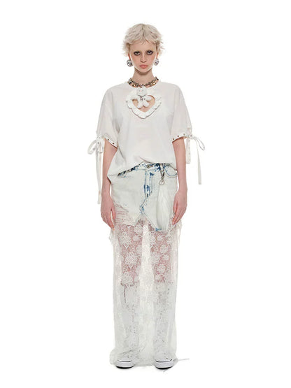 Chest Cutout Heart T-Shirt – Loose Fit with Irregular Hem Design