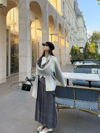 Gradient Cashmere Coat – Hepburn-Style Woolen Scarf Cape