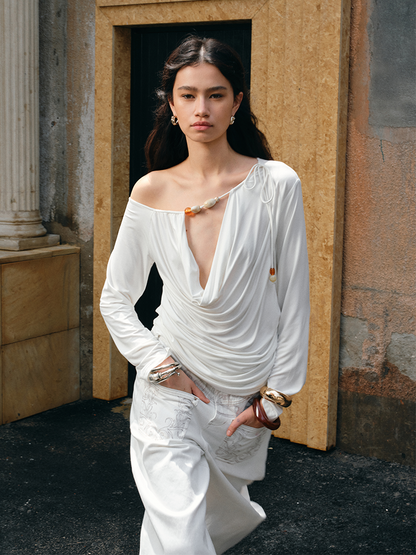 Beaded Off-Shoulder Long-Sleeve Cover-Up – Shirred Deep V Resort Top