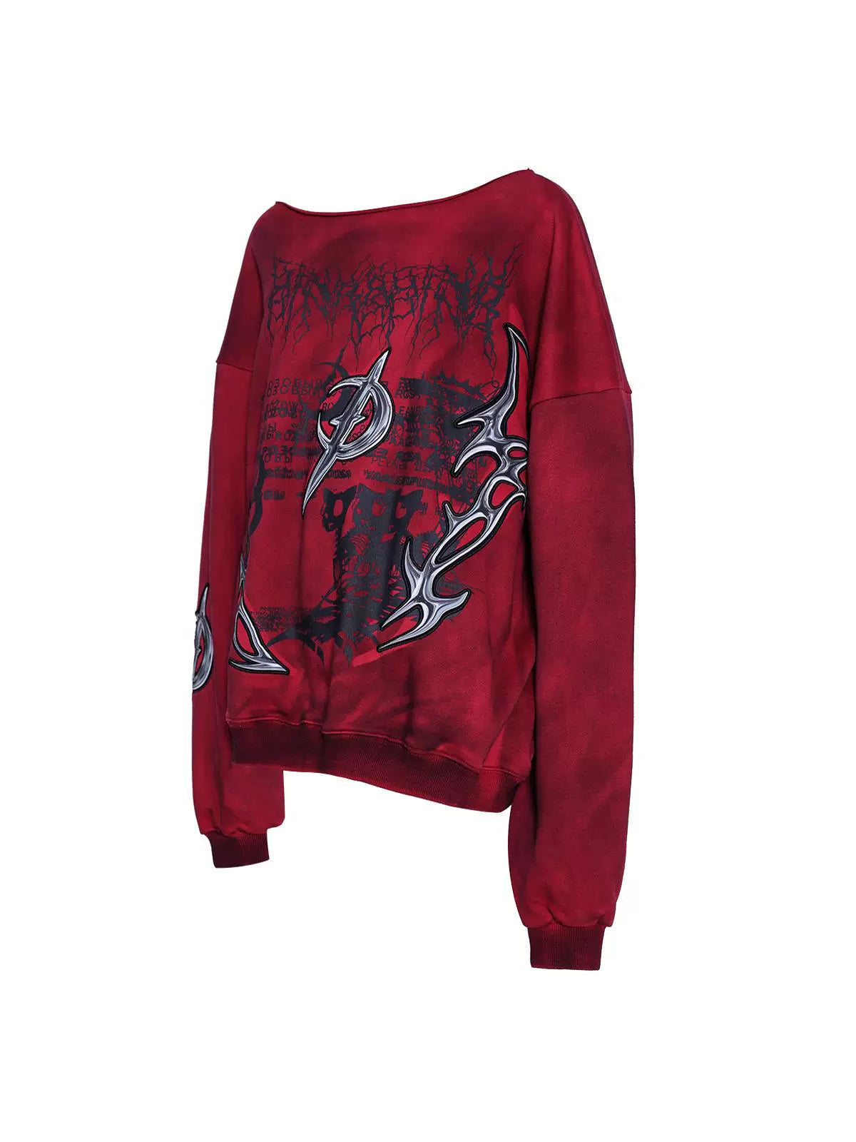 One-Shoulder 3D Embroidery Distressed Punk Y2K Sweatshirt