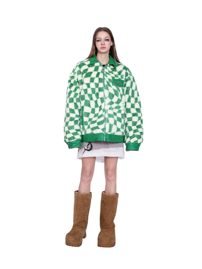 Twisted Checkerboard Plush Panels Chic Fur Coat