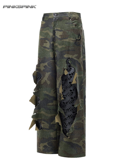 Camouflage Painted Distressed Low-Rise Unisex Y3K Jeans