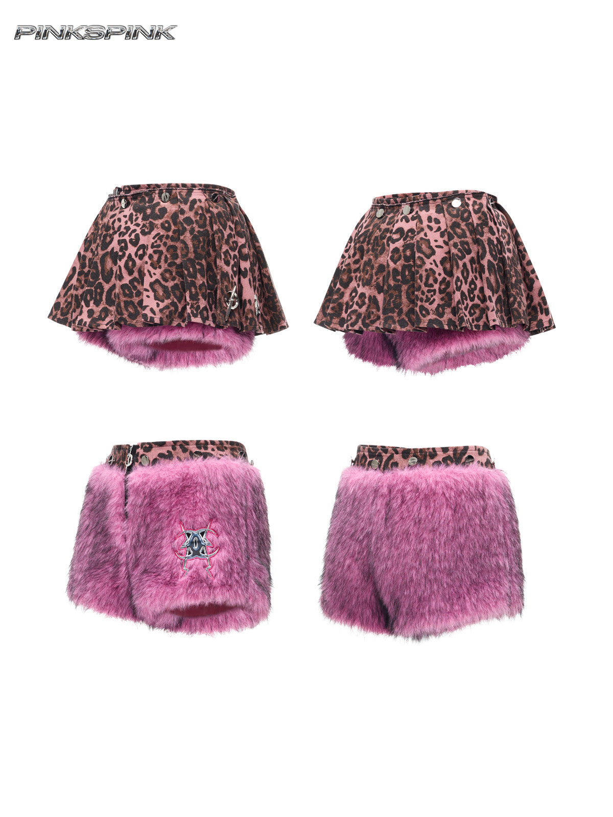 Detachable Pink Leopard Fur Y2K Mini Skirt / Pants Hybrid