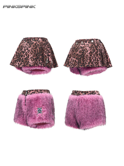 Detachable Pink Leopard Fur Y2K Mini Skirt / Pants Hybrid