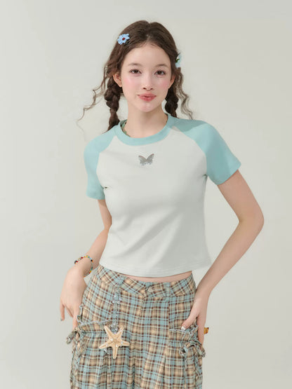 Contrast Stitch Raglan Sleeve T-shirt | Metal Butterfly Short Sleeve for Summer