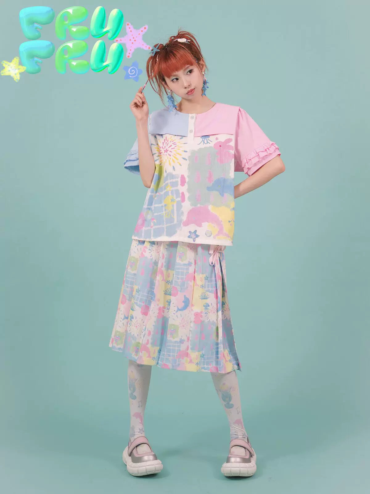 Gollum Store Original cute powder blue patchwork navy collar print embroidered loose shirt