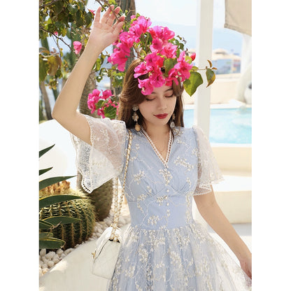 Light Blue Ice Spring Summer Style Retro V-neck Short Sleeve Lace Dress for Women