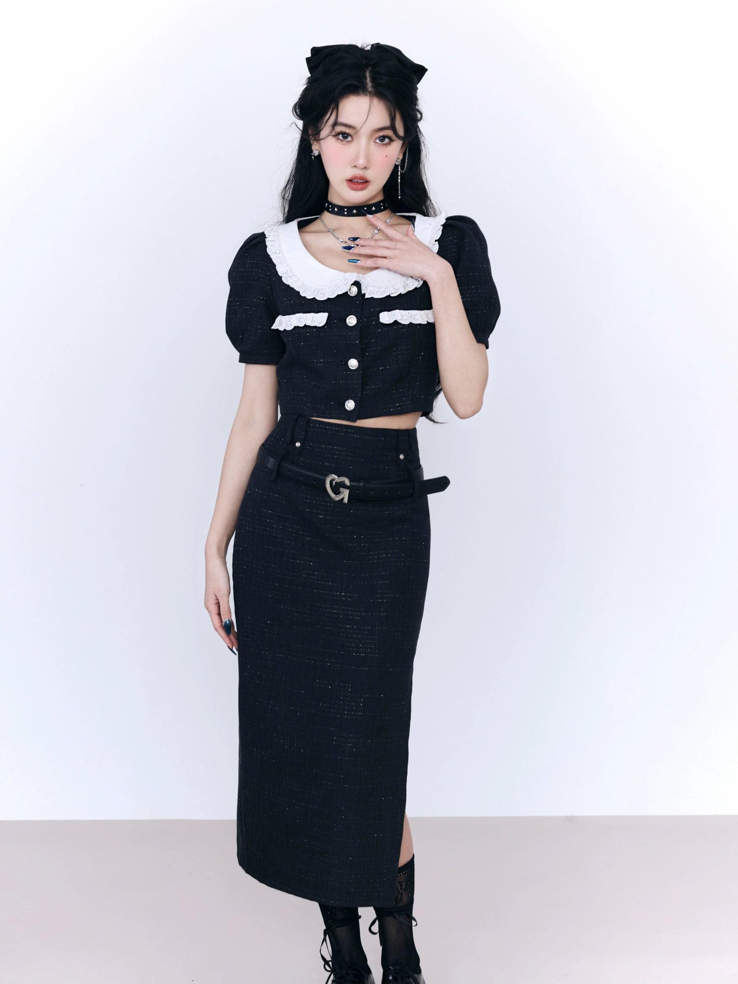 Black Doll Neck Thousand Gold Two-Piece Skirt