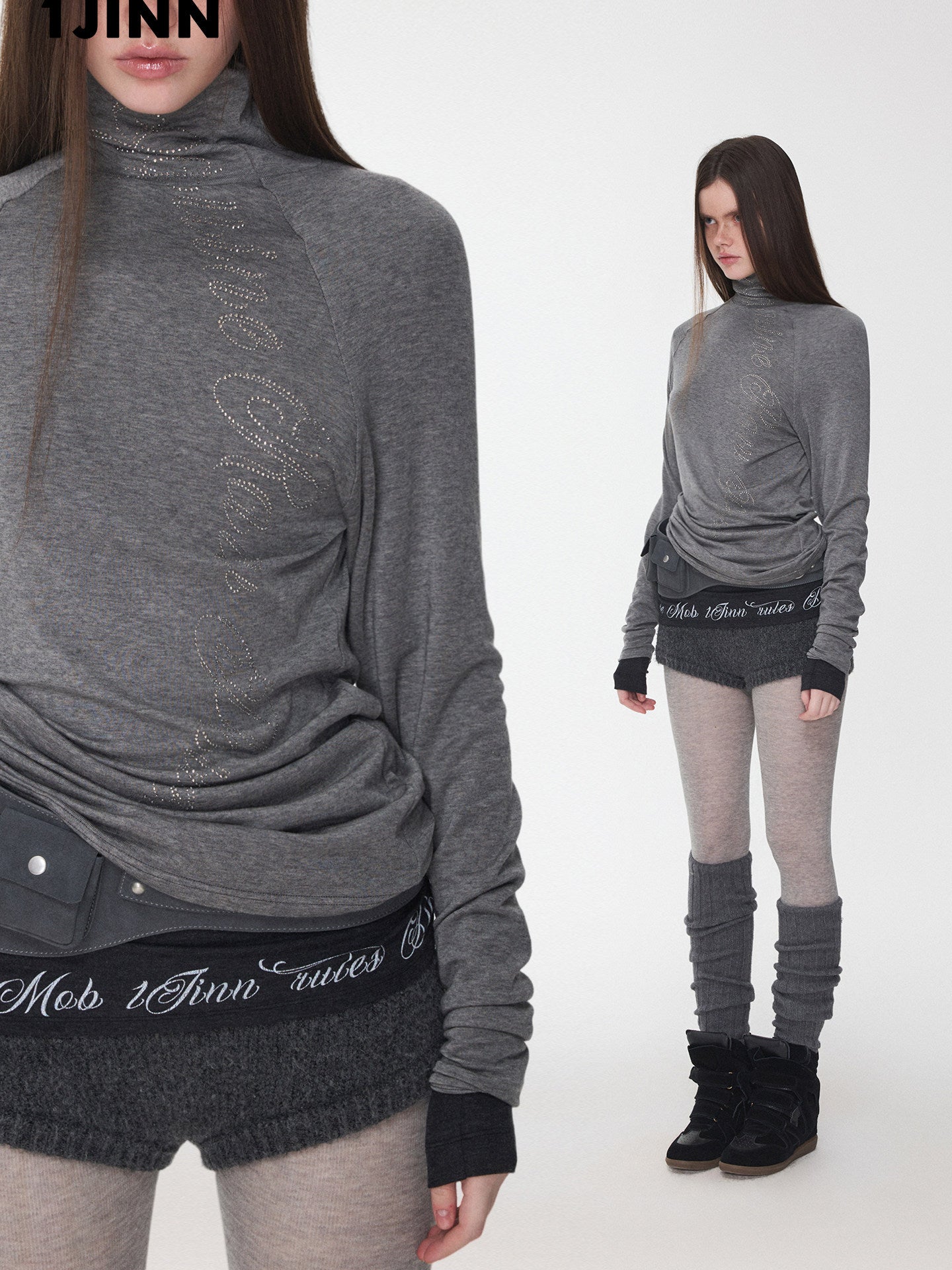 Rhinestone Raglan Turtleneck Top