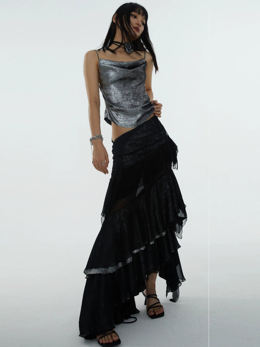 Black Fairy Irregular Spliced Open Leg Heavyweight Skirt