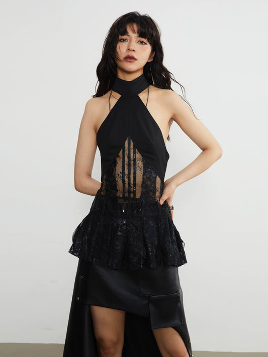 Dark Sexy Lace Sequin Pleated Hem Top