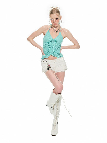 Cotton Jacquard Ruffled Vest – V-Neck Halterneck Lace Camisole Top