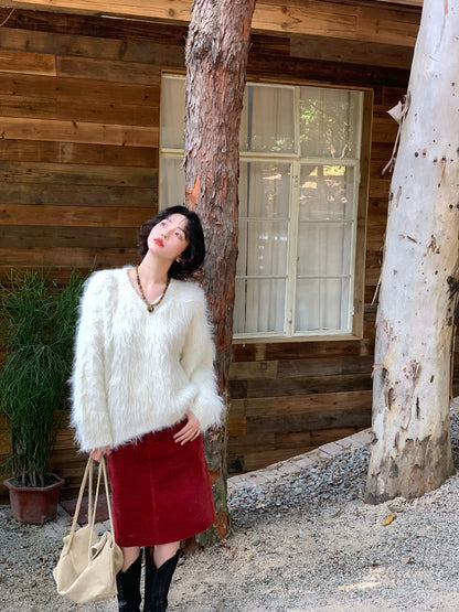 Plush V-Neck Knit Sweater