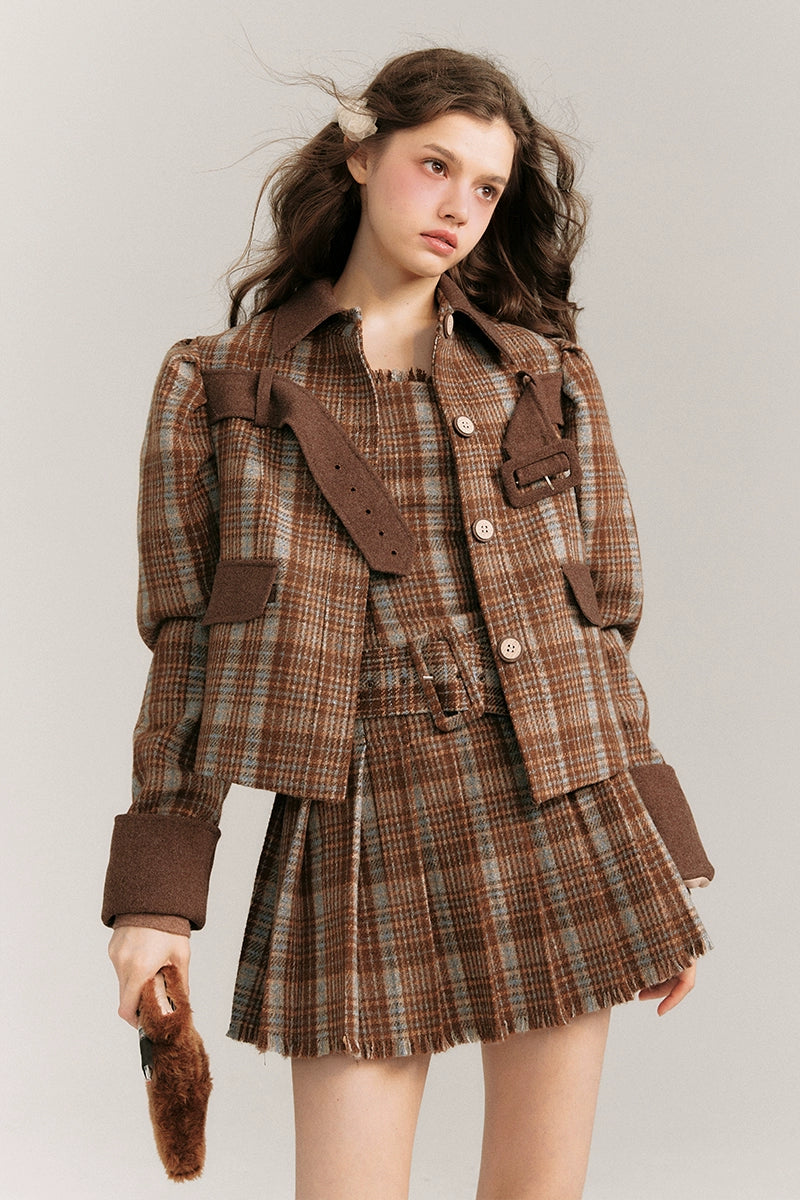 Plaid Teatime - Warm Brown Woolen Belted Coat