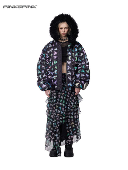 Cat-Themed Black Metal Fur Collar Unisex Y2K Jacket