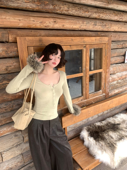Fur-Cuff Scoop Neck Knit Top