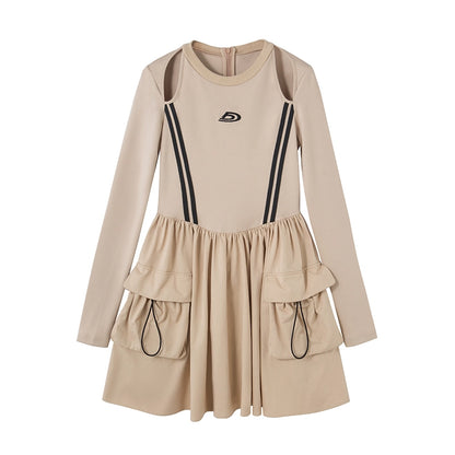 Retro Khaki - Embroidered Short Skirt Dress