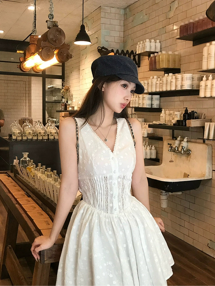 [White Gardenia Appointment] V-Neck Lace Hollow Dress - Summer Perfume Style