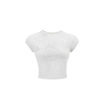 Rose Cutout Glitter Knit T-Shirt – Sheer Short Sleeve Slim Crop Top