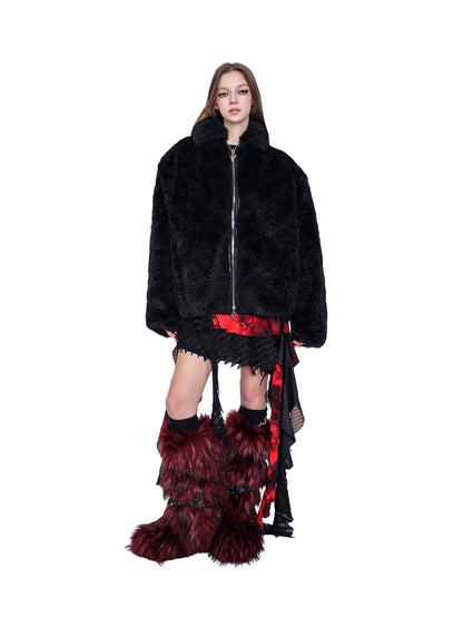 original double-zipper insulated sheep beach wool genderless black basic loose fur jacket