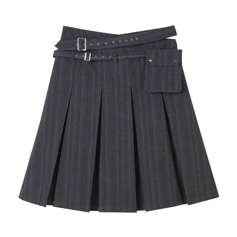 College Pleated - Double Belt A-line Skirt