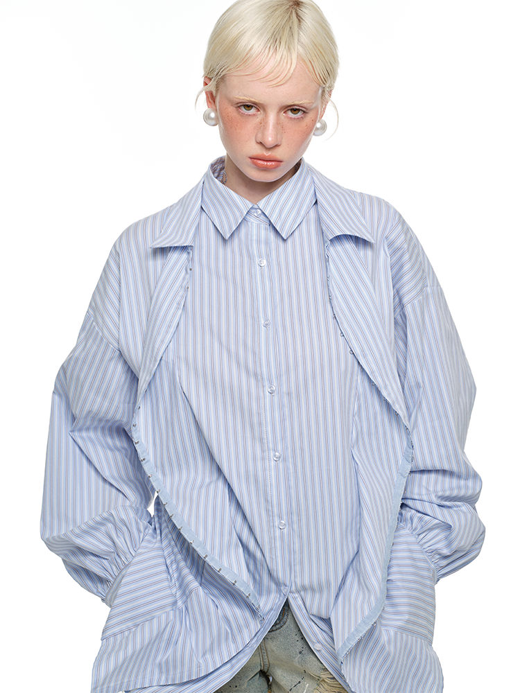 Striped Faux Layered Shirt Jacket – Curved Double Placket Design