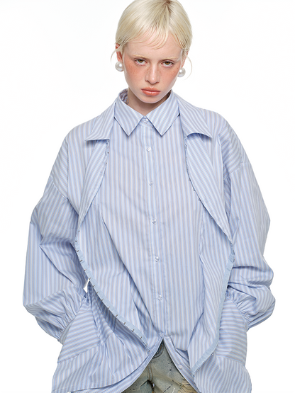 Striped Faux Layered Shirt Jacket – Curved Double Placket Design