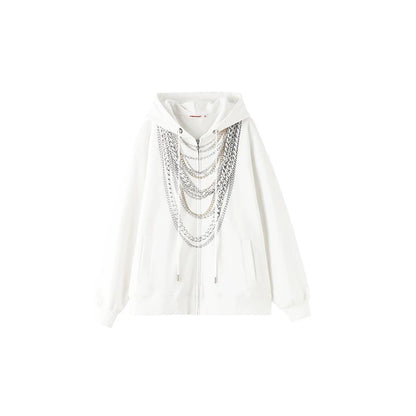 Oversized Chain Print Sweatshirt Cardigan – Heavyweight Slouchy Top