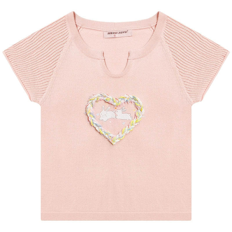 Love Rabbit Printed Hollow T-shirt | Retro Three-Dimensional Knitted Design for Summer